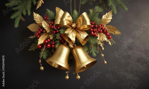 Golden garland with Christmas elements like bells and berries isolated on a dark gold background,  decorative,  berry photo