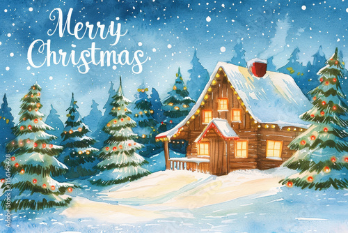 Christmas illustration of a cozy wooden cabin in a snowy forest with decorated trees, glowing lights, and the text 