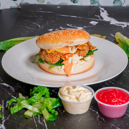 Crispy Chicken Burger with French Fries and Ketchup on Marble Table

