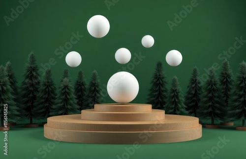 Digital minimalist podium for product presentation. Wooden platform in forest of dark green trees. White spheres float in air above product display. Festive Christmas scene. Ideal for seasonal photo