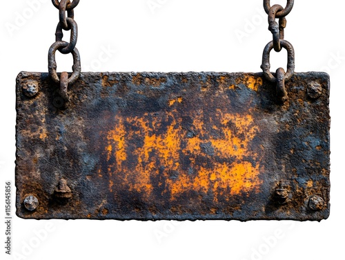 Rusty Iron Sign, Rectangular Shape, Hanging with Chains, Abstract Image for Advertising Campaigns, Creatives, Advertisements. photo