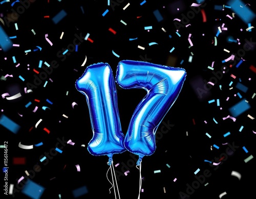 Festive illustration for birthday anniversary celebration. Blue foil balloons shaped as number seventeen against black background filled with colorful confetti. Perfect for invitations cards party
