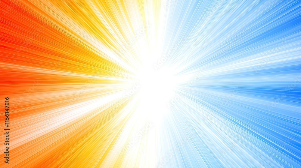 Obraz premium Abstract background with bright, radiating orange, yellow, and blue rays converging at a central white point.