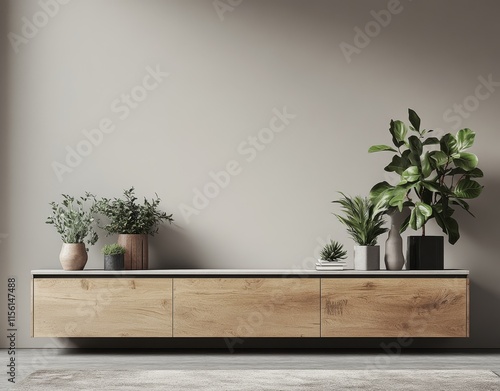 Modern minimalist living room interior with wooden media console, plants, and neutral wall. photo