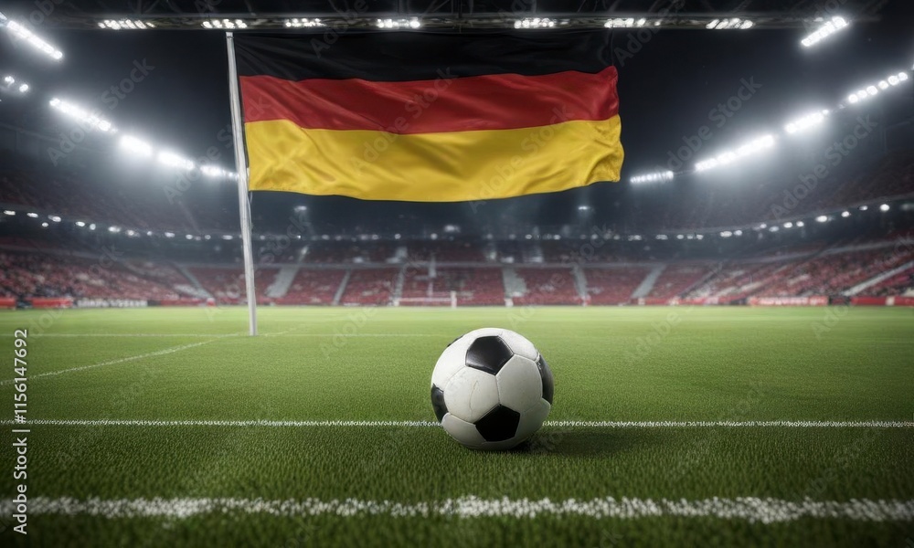 Fototapeta premium Football field with German flag waving in the air, sports ground, outdoor sports