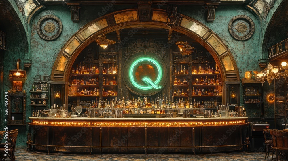 Obraz premium Luxurious vintage bar interior with a large neon 