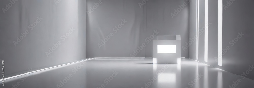 High contrast white square shape integrated into a minimalist futuristic environment with sleek metallic surfaces and glowing LED lights, minimalism, abstract shapes High contrast white square shape integrated into a minimalist futuristic environment with sleek metallic surfaces and glowing LED lights, minimalism, abstract shapes