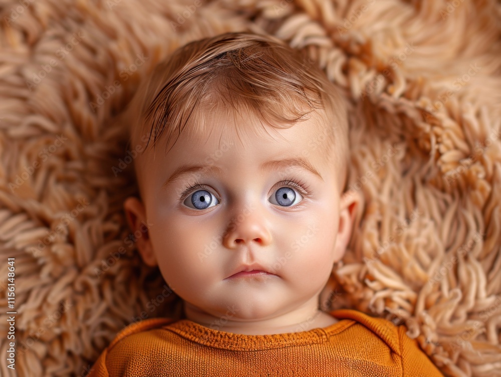High angle view of a baby boy with big blue eyes gazing up. The baby is lying on a soft, textured surface with a calm expression. High angle view of a baby boy with big blue eyes gazing up. The baby is lying on a soft, textured surface with a calm expression.