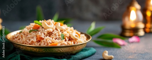 Traditional Indian pongal dish in bowl with flowers and candles. Festive food for celebrating Navratri, Onam, Pongal, Janmashtami, Ganesh Chaturthi, Dussehra, Diwali, Ugadi photo