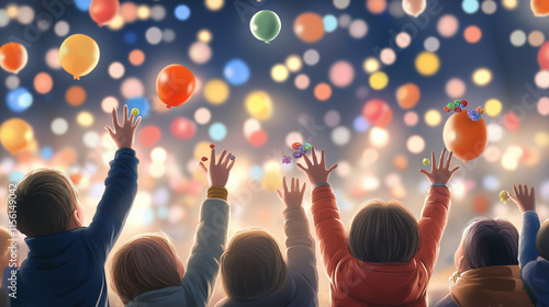 Children catching candy and balloons at three kings parade. With copy space