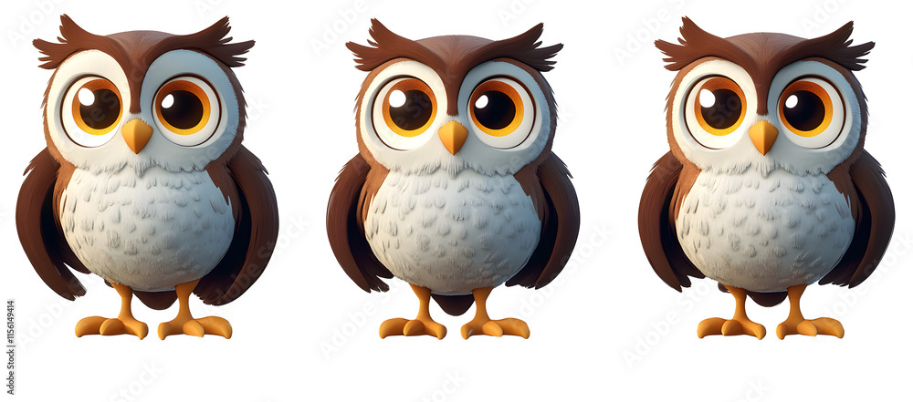 Fototapeta premium Cute cartoon owl character in multiple angles for kids' illustration and educational materials