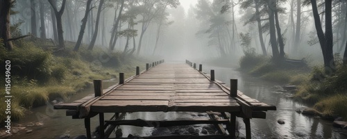 Muted grunge landscape with misty forest and worn out wooden bridge,  atmospheric,  wilderness