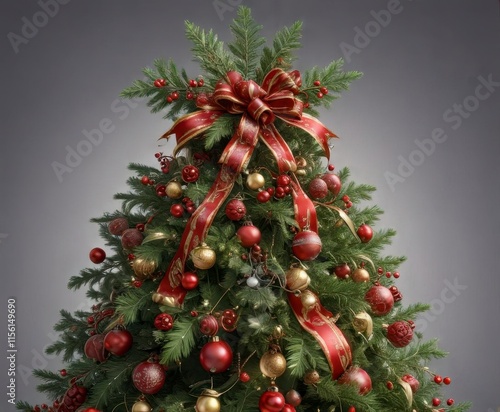 Ornamented Christmas tree top decorated with festive holly and ribbons ,  ribbons,  winter decor