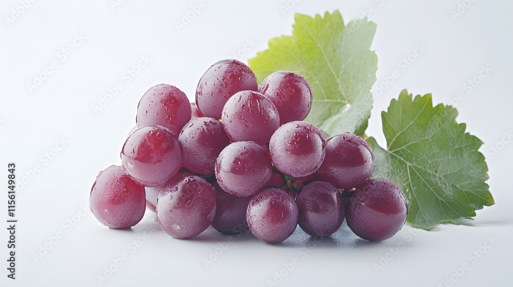 Fototapeta premium Red Grapes Cluster with Fresh Green Leaf