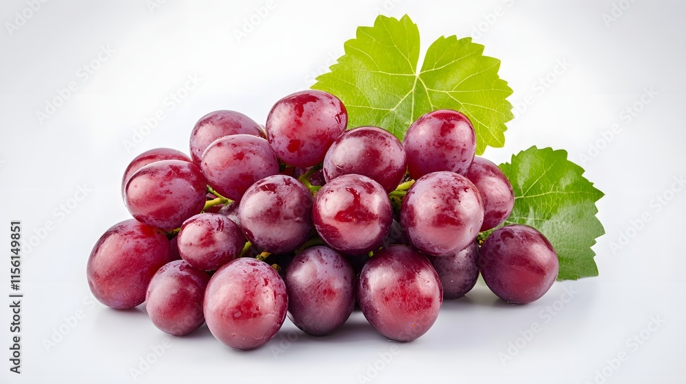 A cluster of red grapes with green leaves A cluster of red grapes with green leaves
