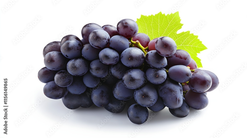 A bunch of dark purple grapes with a green leaf A bunch of dark purple grapes with a green leaf