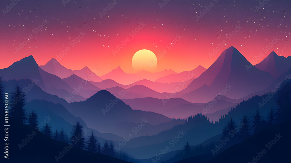Majestic Sunset Over Silhouetted Mountain Ranges Majestic Sunset Over Silhouetted Mountain Ranges