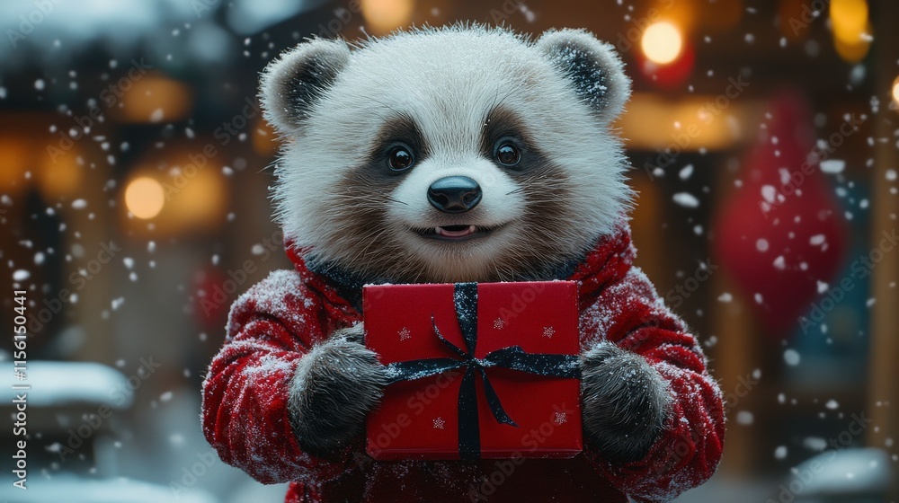 Cute Panda Character Holding a Wrapped Gift in a Snowy Winter Setting with Soft Background Lights Perfect for Holiday-Themed Illustrations and Designs Cute Panda Character Holding a Wrapped Gift in a Snowy Winter Setting with Soft Background Lights Perfect for Holiday-Themed Illustrations and Designs