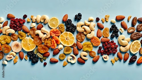 Top view of a row of various fruits with berries and nuts on a light blue background. photo