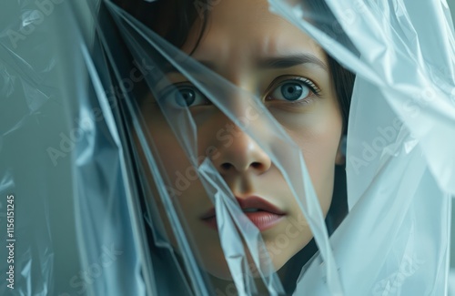 Woman trapped under plastic sheet. Close-up view concerned expression. Plastic wraps around face. Potential themes of environmental crisis personal confinement. Photo suitable for eco-conscious photo