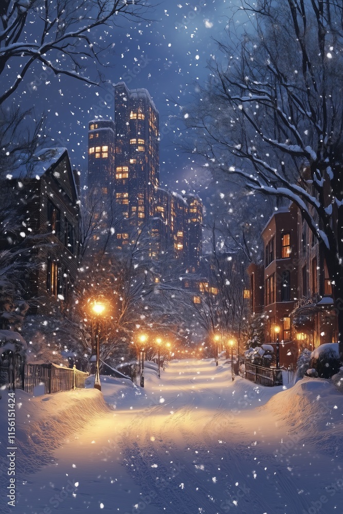 Snow falling on a beautiful residential street at night Snow falling on a beautiful residential street at night