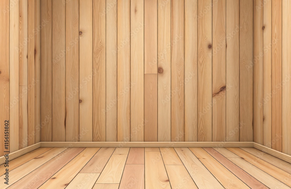 Naklejka premium Empty room with wooden wall paneling, hardwood floor. Natural light illuminates space. Interior design concept for home decor commercial displays. Timeless look. Light warm brown tones of wood.