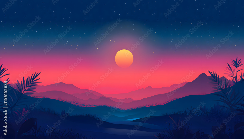 Naklejka premium Serene Sunset Over Silhouetted Mountains and Lush Vegetation