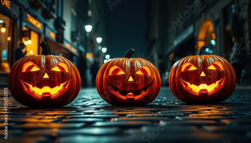 Three glowing jack-o-lanterns stand on cobblestone street at night. Halloween decorations light up dark city landscape. Warm orange light from pumpkins creates mystical atmosphere. People walk by in photo