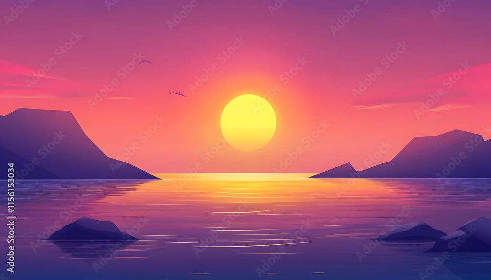 Naklejka premium Serene Sunset Over Calm Ocean Mountains