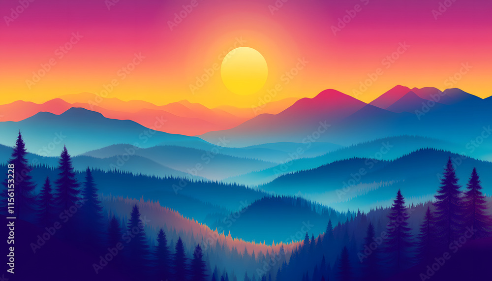 Vibrant Sunset Over a Mountain Range and Forest Vibrant Sunset Over a Mountain Range and Forest