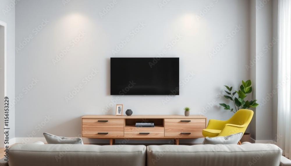 Modern living room features neutral color scheme with light gray sofa. Empty wall mounted flat screen TV, wooden TV stand. Stylish yellow armchair, plant add pops of color. Interior design Modern living room features neutral color scheme with light gray sofa. Empty wall mounted flat screen TV, wooden TV stand. Stylish yellow armchair, plant add pops of color. Interior design