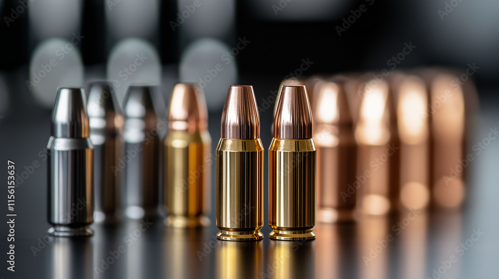 Close-up view of various bullet casings lined up on a reflective surface in a well-lit environment