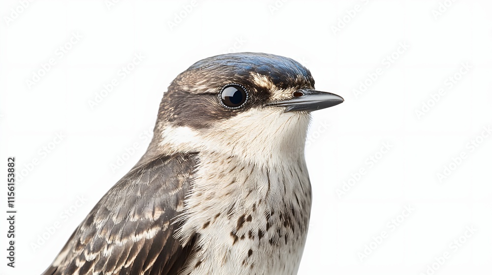 Fototapeta premium Juvenile Black Phoebe Bird Portrait Against White Background