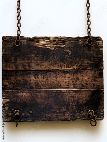 Rustic Wooden Sign with Bark, in Rectangular and Square Shape, Hanging with Chains, on White Background, Abstract Image for Advertising Campaigns, Creatives, Advertisements. photo