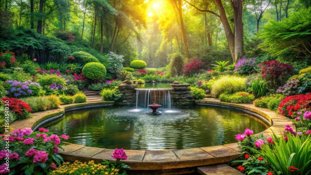 Fototapeta premium Soothing forest surroundings with a serene water feature, surrounded by lush greenery and vibrant flowers, promoting relaxation and inner peace , calmness, harmony
