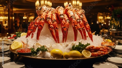 Alaskan King Crab legs on ice, surrounded by fresh seafood, lemons, and cocktail sauce  photo