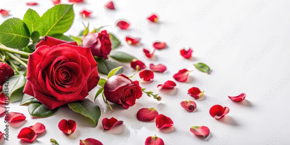 Delicate red rose petals scattered on a soft white background with subtle greenery and a few artificial berries Delicate red rose petals scattered on a soft white background with subtle greenery and a few artificial berries