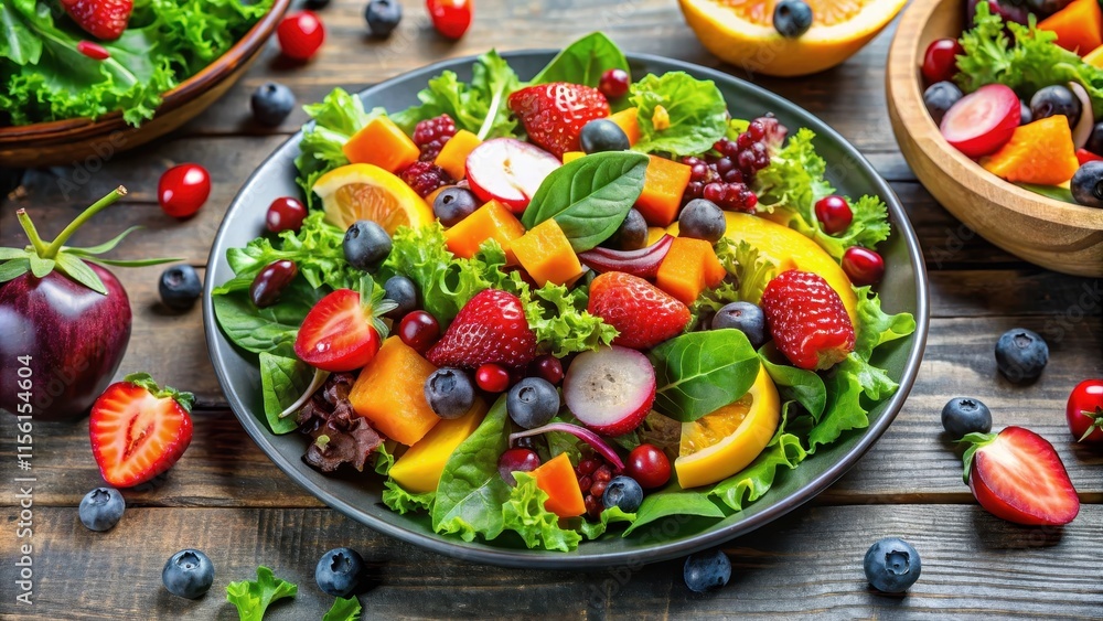 Fresh mixed greens salad with colorful vegetables and fruits , healthy, organic, healthy Fresh mixed greens salad with colorful vegetables and fruits , healthy, organic, healthy