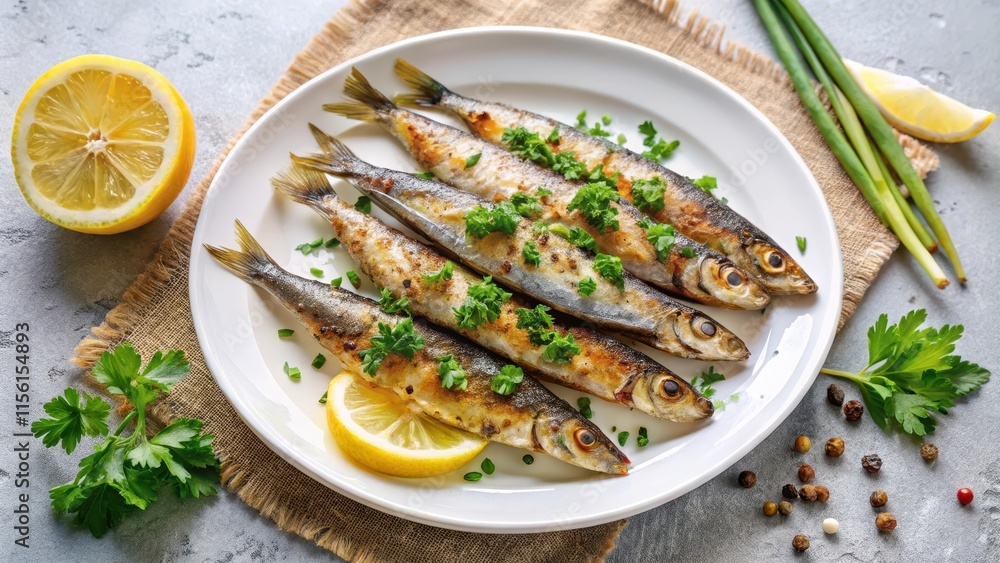 Pan-seared sardines served on a white plate with a sprinkle of chopped fresh parsley and a slice of lemon on the side, presentation, sardines Pan-seared sardines served on a white plate with a sprinkle of chopped fresh parsley and a slice of lemon on the side, presentation, sardines