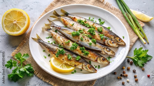 Pan-seared sardines served on a white plate with a sprinkle of chopped fresh parsley and a slice of lemon on the side, presentation, sardines