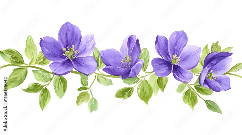 Fototapeta premium Watercolor painting of purple flowers and green leaves