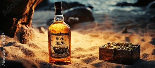 An aged rum bottle with a pirate ship logo, placed on a sandy beach with a treasure chest nearby, cinematic lighting, 