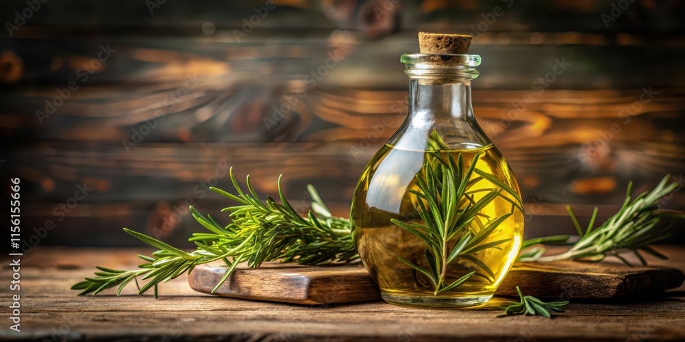 Freshly poured virgin olive oil with a sprig of rosemary floating on its surface in a rustic glass bottle , oil, pouring Freshly poured virgin olive oil with a sprig of rosemary floating on its surface in a rustic glass bottle , oil, pouring