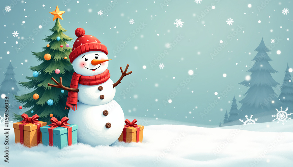 Illustration of Adorable cute smiling Snowman in a snowy festive background. Illustration of Adorable cute smiling Snowman in a snowy festive background.