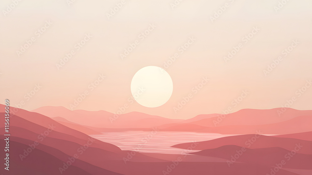 Serene Sunset Over Pink Mountain Ranges and Calm Water Serene Sunset Over Pink Mountain Ranges and Calm Water