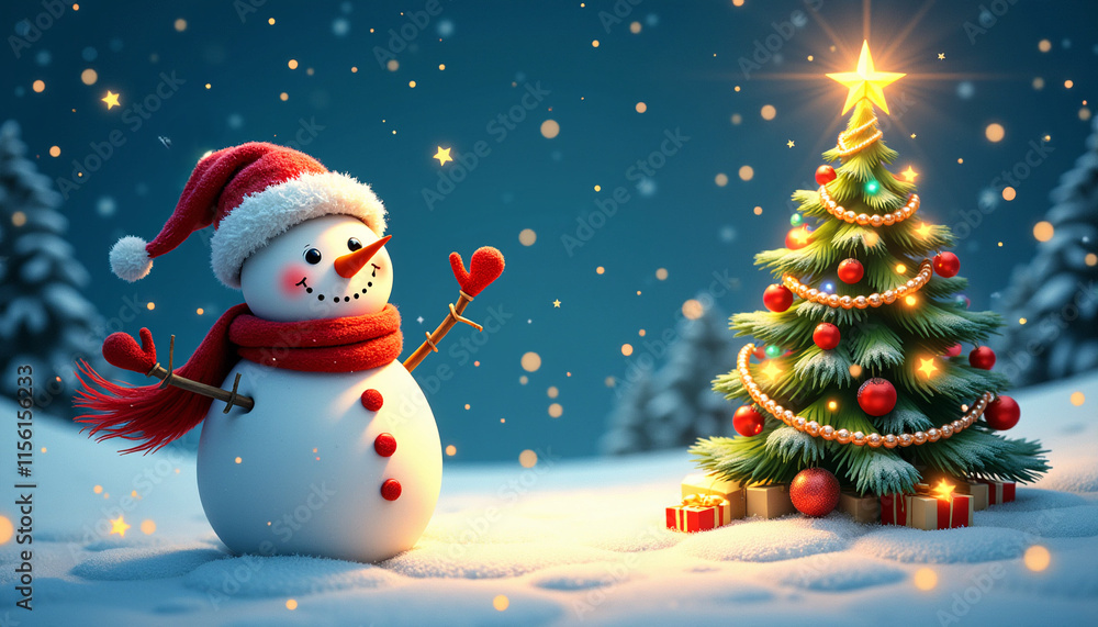 Illustration of Adorable cute smiling Snowman in a snowy festive background. Illustration of Adorable cute smiling Snowman in a snowy festive background.