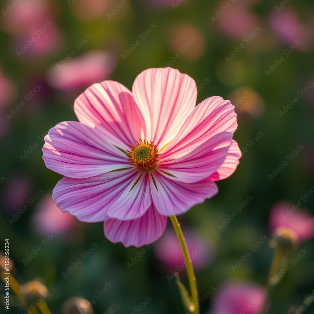 Fototapeta premium Close-up of a single cosmos flower blossom in a garden bed , flower details, cosmos flower close up, tiny blooms, floristry, single bloom