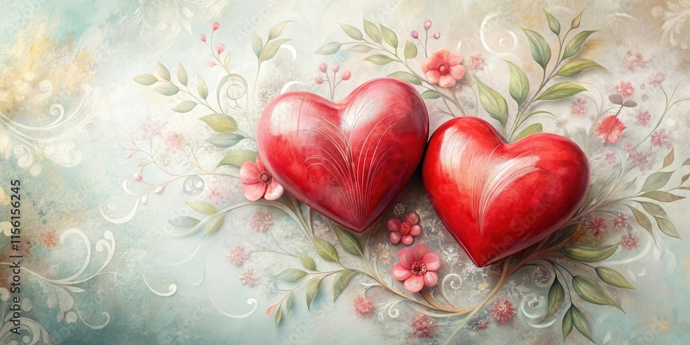 Two red hearts united as a symbol of love and connection, surrounded by delicate floral patterns, soft pastel colors Two red hearts united as a symbol of love and connection, surrounded by delicate floral patterns, soft pastel colors
