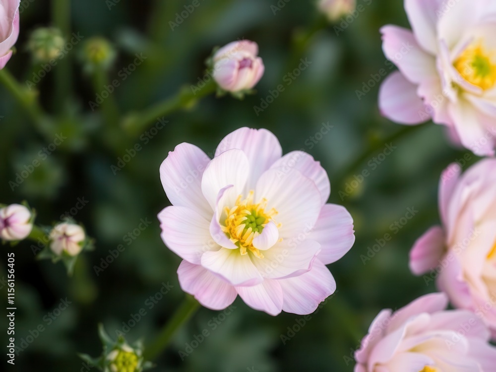 Close-up of beautiful pink and white ranunculus flowers blooming in a garden, bloom, spring, nature