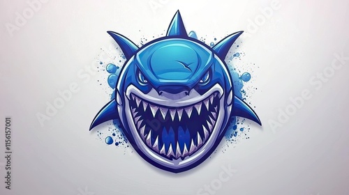 Angry cartoon shark head illustration with sharp teeth and fins, surrounded by blue paint splatters on a light background. photo